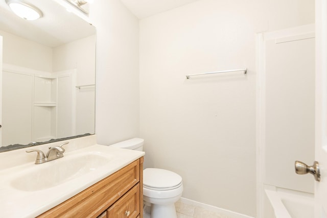 full bathroom featuring tile patterned floors, vanity, shower / bathtub combination, and toilet