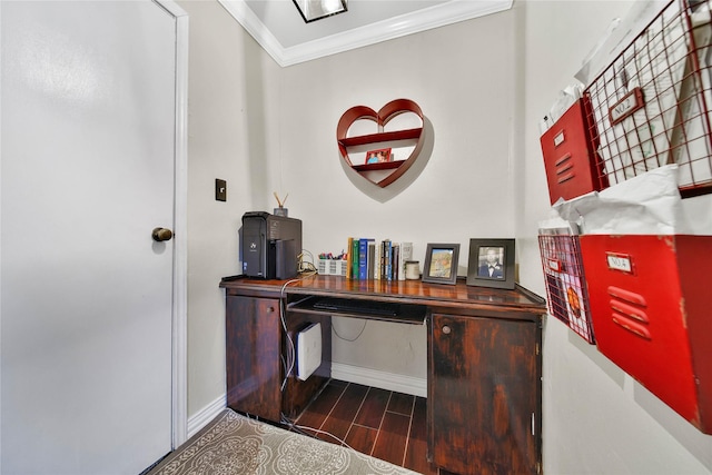 home office featuring ornamental molding, wood finish floors, and baseboards