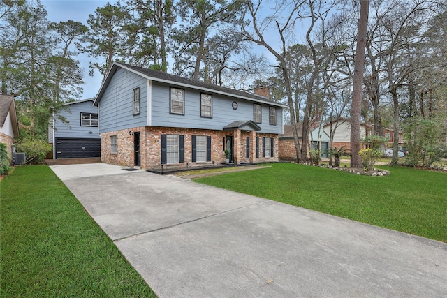 view of front of property featuring central air condition unit, a garage, and a front yard