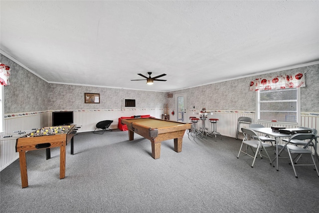 playroom with ornamental molding, wainscoting, carpet flooring, billiards, and wallpapered walls