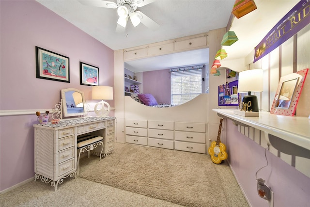 bedroom featuring ceiling fan and light colored carpet