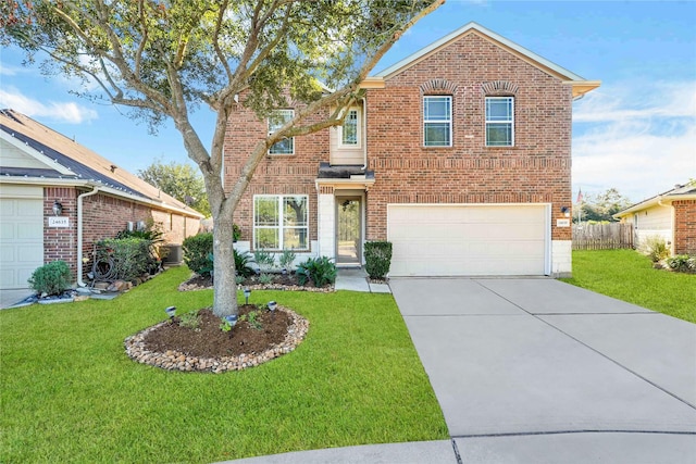 view of property with central AC, a garage, and a front lawn