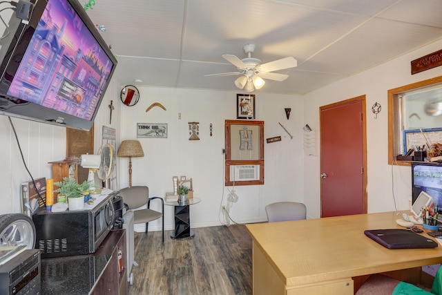 office area featuring ceiling fan and dark hardwood / wood-style flooring