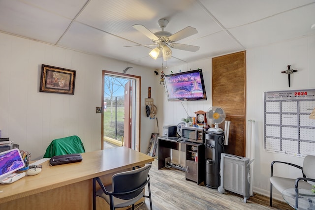 home office with radiator heating unit, light wood-type flooring, ceiling fan, and a paneled ceiling