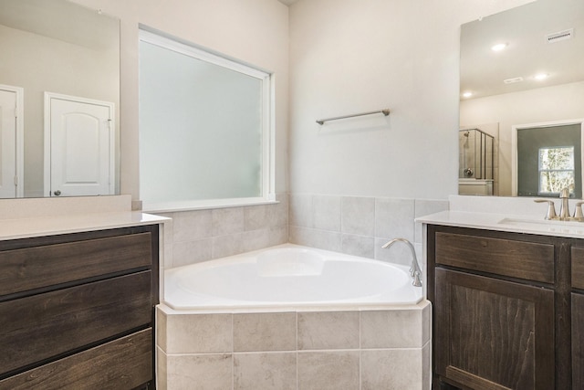 bathroom with vanity and independent shower and bath