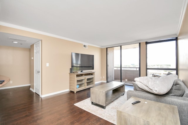 living room featuring crown molding, dark hardwood / wood-style floors, and a wall of windows