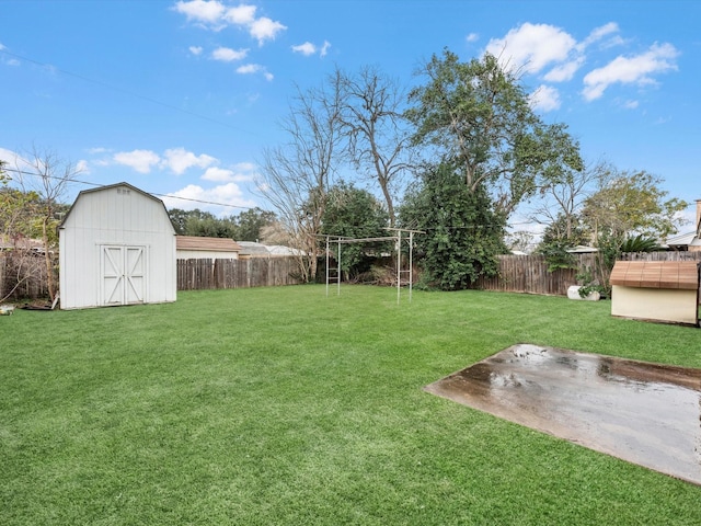 view of yard featuring a patio and a shed