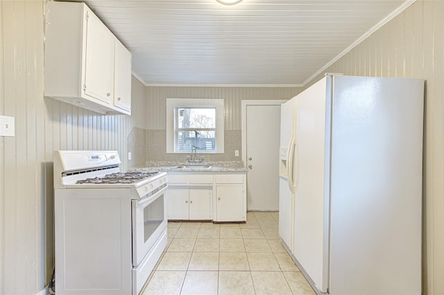 kitchen with white cabinetry, white appliances, sink, and ornamental molding