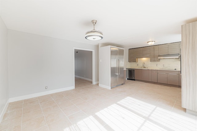 kitchen featuring decorative backsplash, sink, light tile patterned floors, and stainless steel appliances