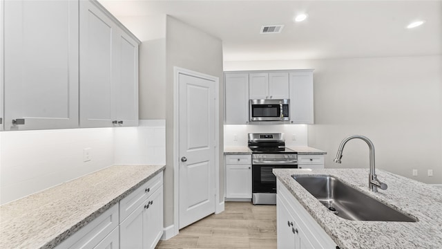 kitchen featuring white cabinetry, light stone counters, sink, and stainless steel appliances