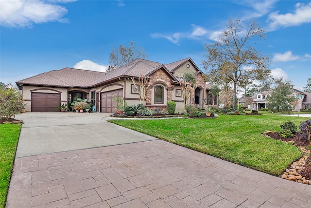 view of front facade with a front lawn and a garage