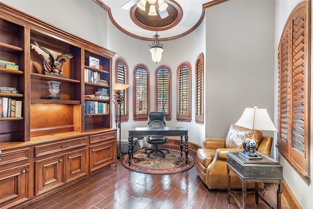 home office featuring ceiling fan and ornamental molding