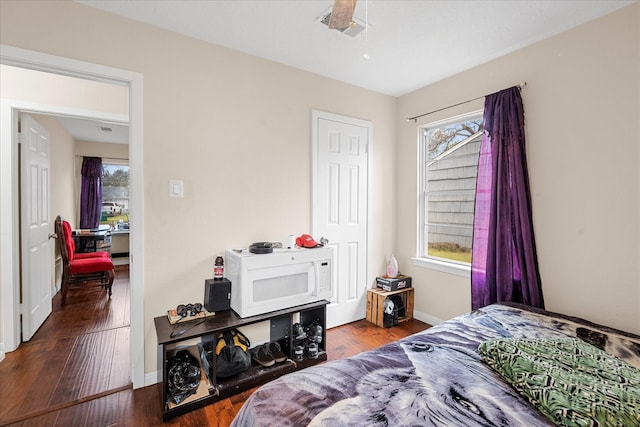 bedroom featuring multiple windows and dark wood-type flooring