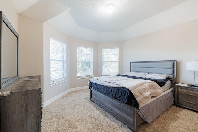 carpeted bedroom with a textured ceiling, a raised ceiling, and multiple windows