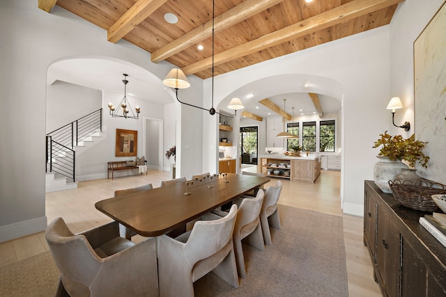 dining area featuring light hardwood / wood-style floors, a chandelier, beamed ceiling, and wood ceiling