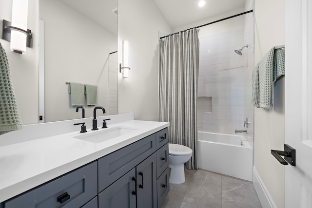 full bathroom with vanity, toilet, and shower / bathtub combination with curtain