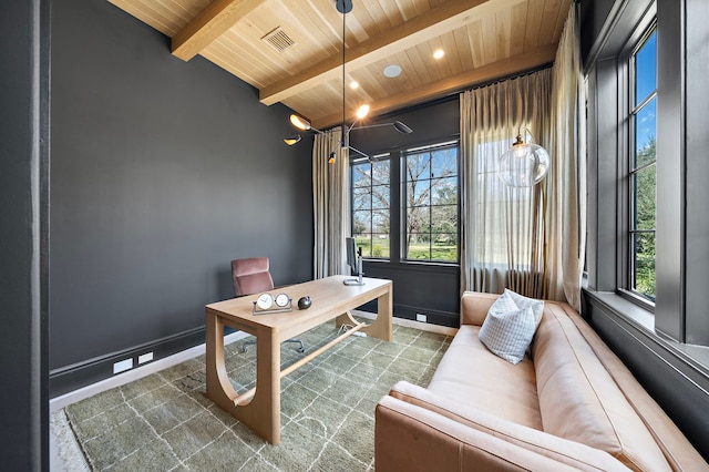 office with wooden ceiling and beamed ceiling