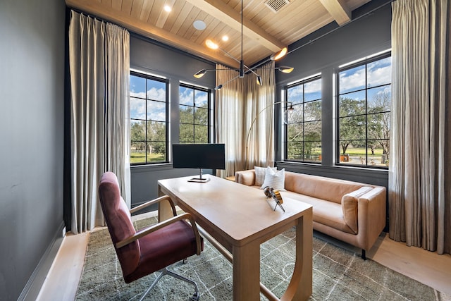 home office with hardwood / wood-style floors, beamed ceiling, and wood ceiling