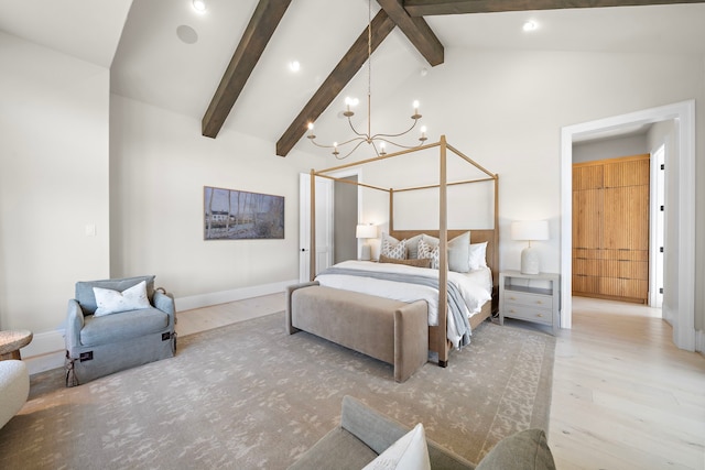 bedroom with a chandelier, high vaulted ceiling, beam ceiling, and wood-type flooring