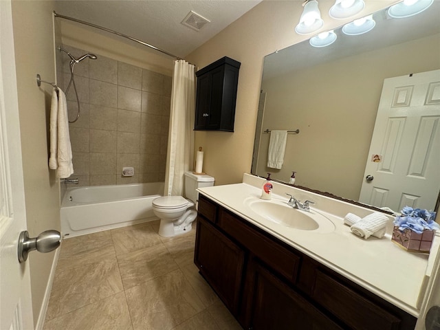 full bathroom with tile patterned flooring, vanity, toilet, and shower / bathtub combination with curtain