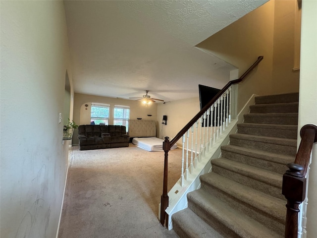 stairway with carpet flooring, ceiling fan, and a textured ceiling