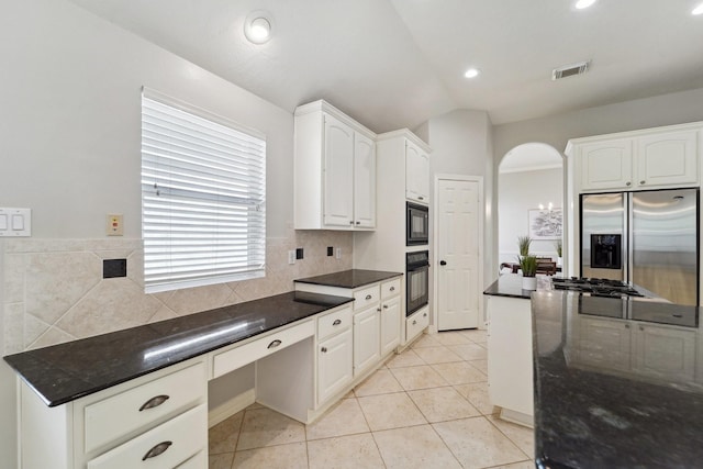 kitchen with black appliances, white cabinets, backsplash, and light tile patterned floors