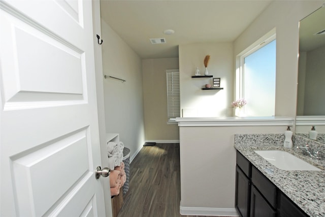 bathroom with hardwood / wood-style flooring and vanity