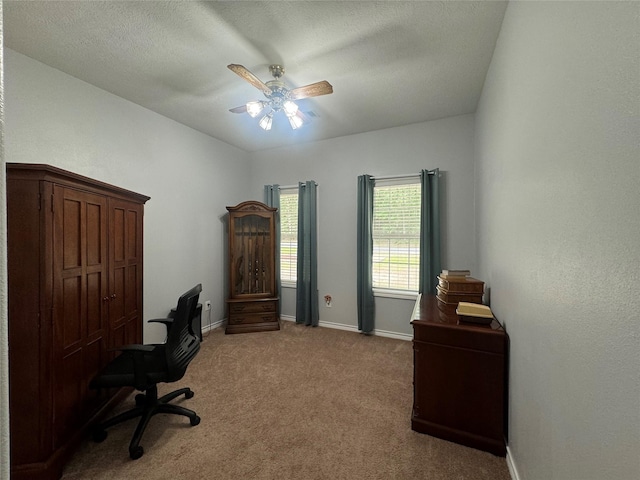 17 Cottonwood Rd, Trinity, TX 75862 - office area with a ceiling fan, light carpet, baseboards, and a textured ceiling