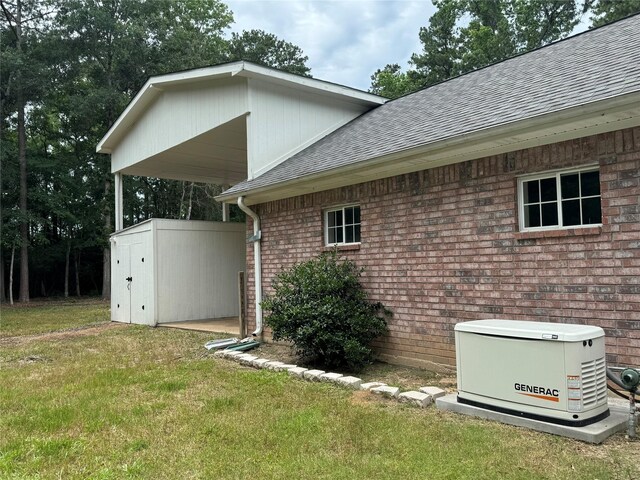 view of home's exterior featuring a yard and a storage shed