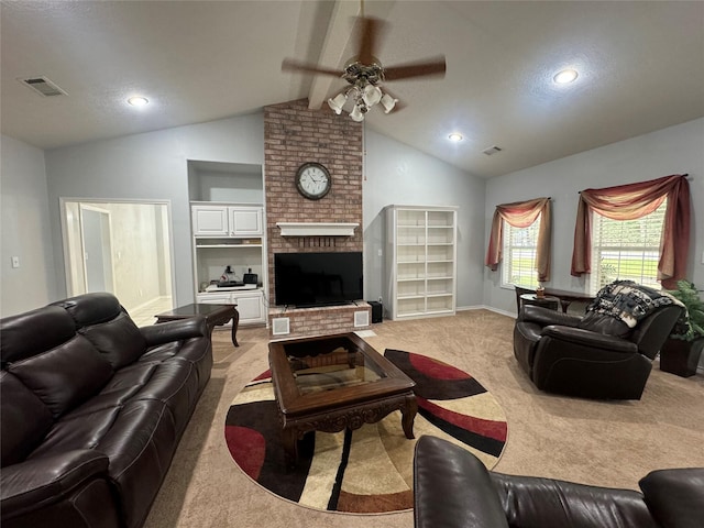 carpeted living room with lofted ceiling with beams, ceiling fan, and a fireplace