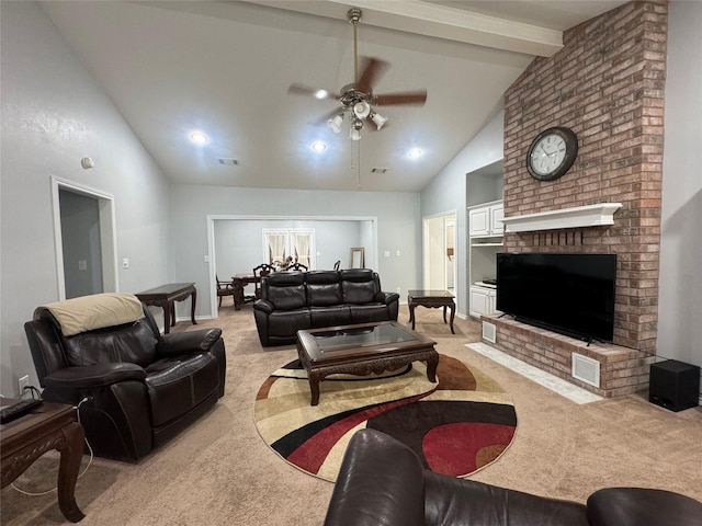 living room with beam ceiling, light colored carpet, high vaulted ceiling, and ceiling fan