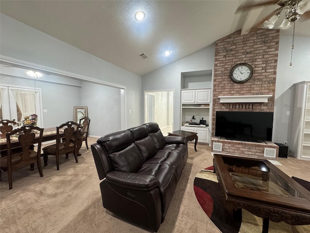 living room with light carpet, lofted ceiling with beams, and ceiling fan