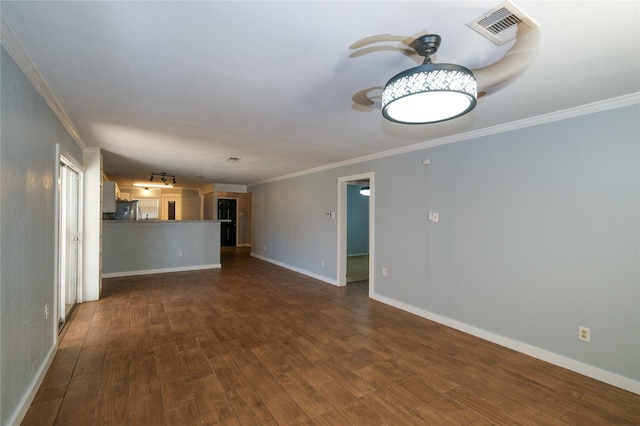 unfurnished living room with crown molding and dark wood-type flooring