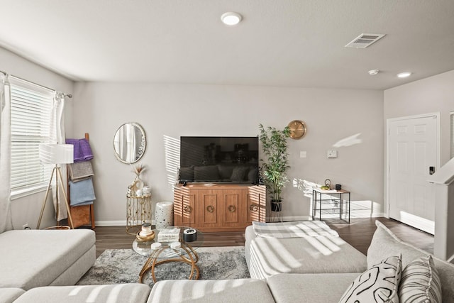 living room with dark hardwood / wood-style floors