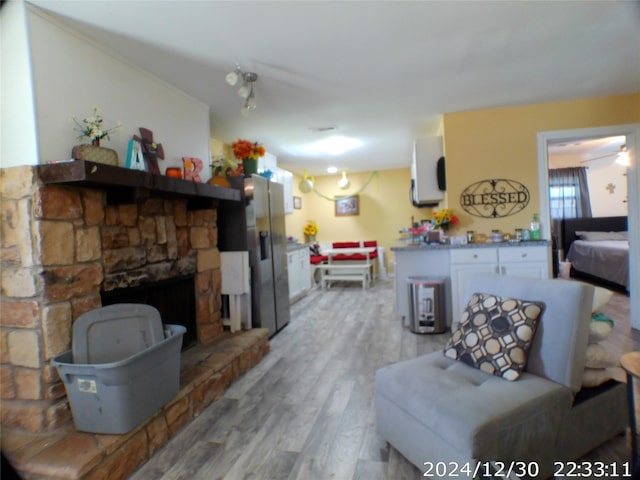 living room with a fireplace and hardwood / wood-style flooring