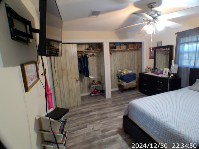 bedroom featuring hardwood / wood-style floors, ceiling fan, and two closets