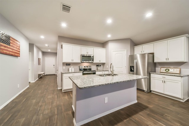 kitchen featuring stainless steel appliances, white cabinetry, a center island with sink, and sink