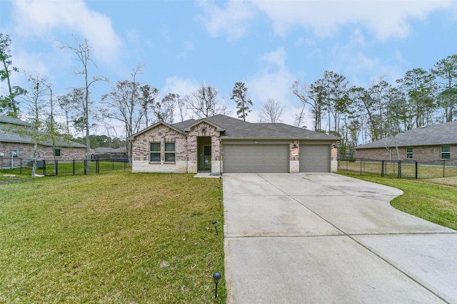 single story home featuring a garage and a front lawn