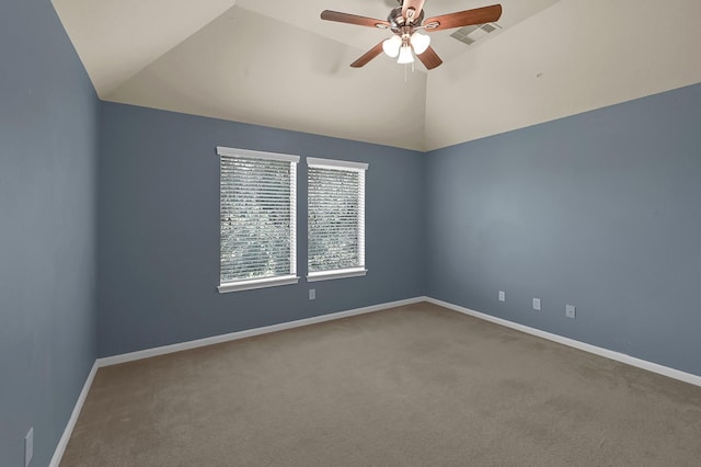 unfurnished room with ceiling fan, carpet, and lofted ceiling