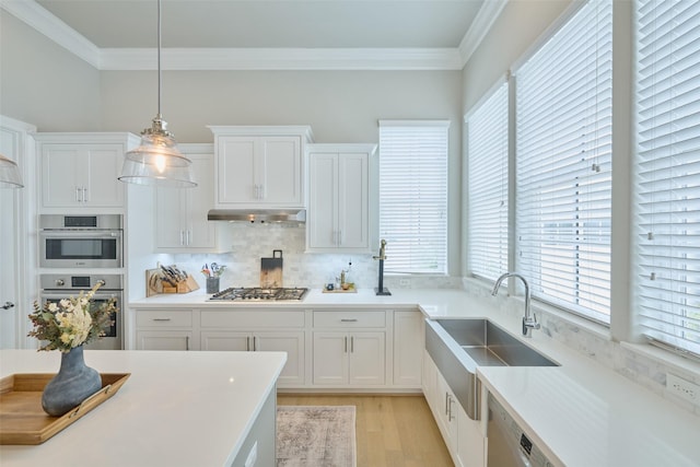 kitchen featuring decorative light fixtures, white cabinetry, sink, ornamental molding, and stainless steel appliances