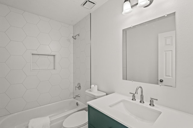 full bathroom featuring vanity, shower / bathtub combination, toilet, and a textured ceiling