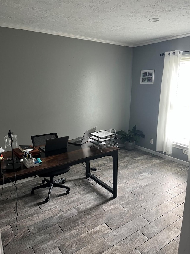 office area with crown molding, a textured ceiling, and wood finished floors