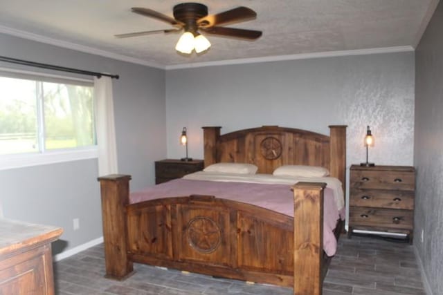 bedroom with ceiling fan, ornamental molding, baseboards, and wood tiled floor