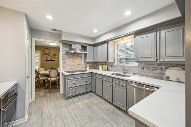 kitchen featuring sink, dishwasher, wall chimney exhaust hood, decorative backsplash, and gray cabinetry