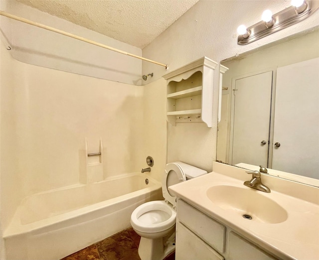 full bathroom featuring vanity, shower / bathing tub combination, a textured ceiling, and toilet