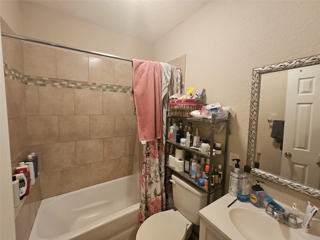 full bathroom with vanity, toilet, and shower / bathtub combination with curtain