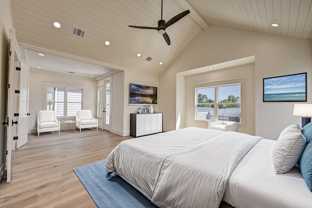 bedroom featuring vaulted ceiling, light hardwood / wood-style flooring, ceiling fan, and wooden ceiling