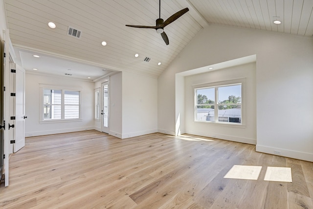 unfurnished living room featuring a wealth of natural light, ceiling fan, wooden ceiling, and light wood-type flooring