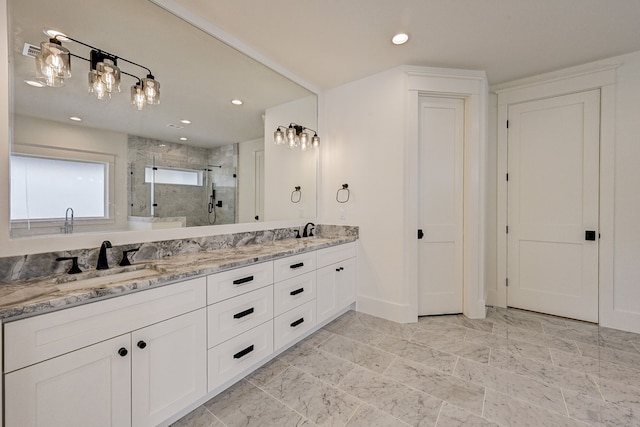 bathroom featuring vanity and walk in shower