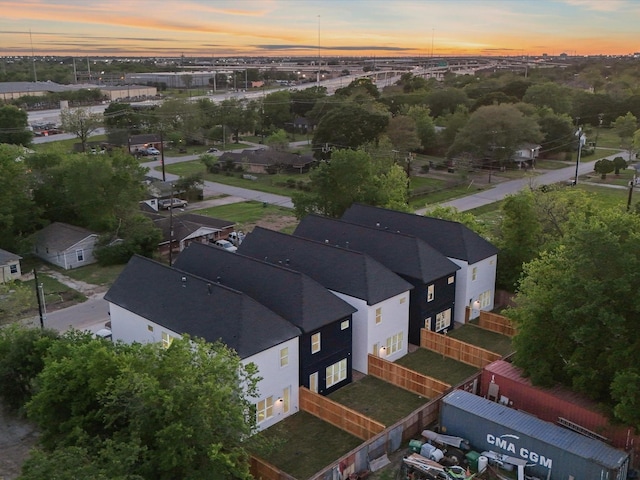 view of aerial view at dusk